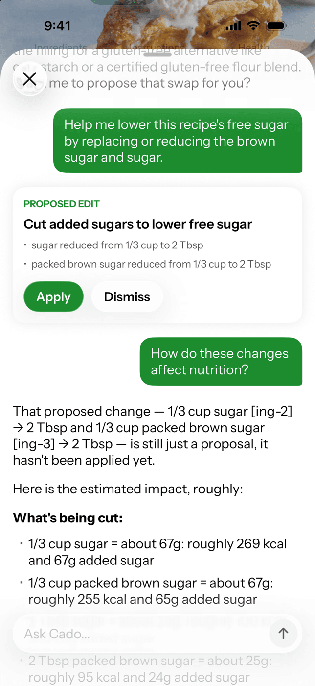 Cado chat proposing an edit that cuts the recipe's added sugars, with Apply and Dismiss