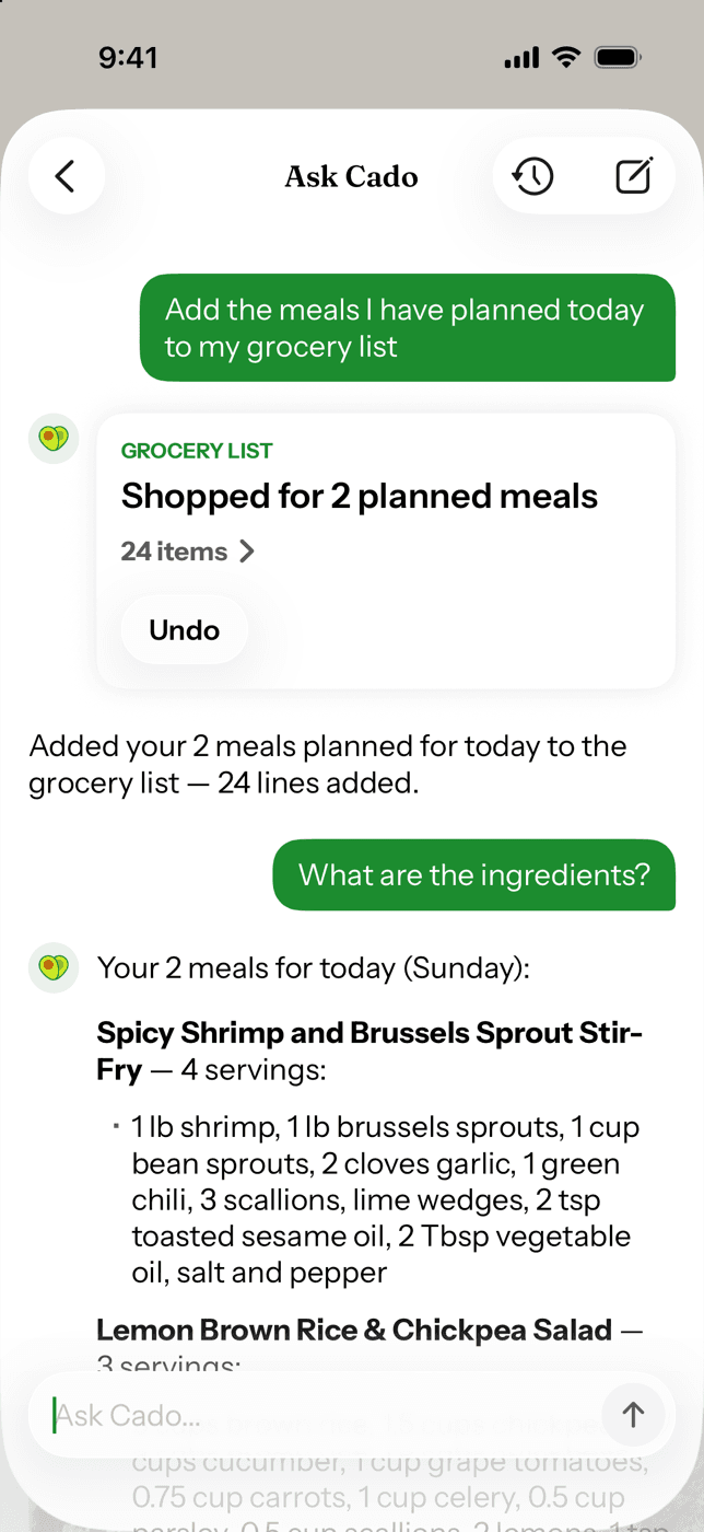 Cado chat adding today's planned meals to the grocery list, with an Undo button