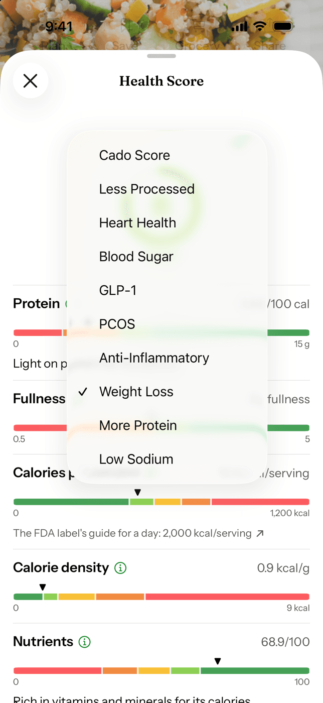 Picker listing Cado's health goal lenses, with Weight Loss selected