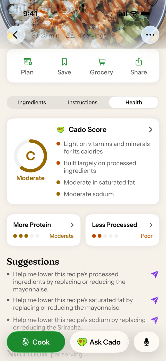 Cado recipe Health tab: a C Moderate score with reasons, goal lenses, and ingredient swap suggestions