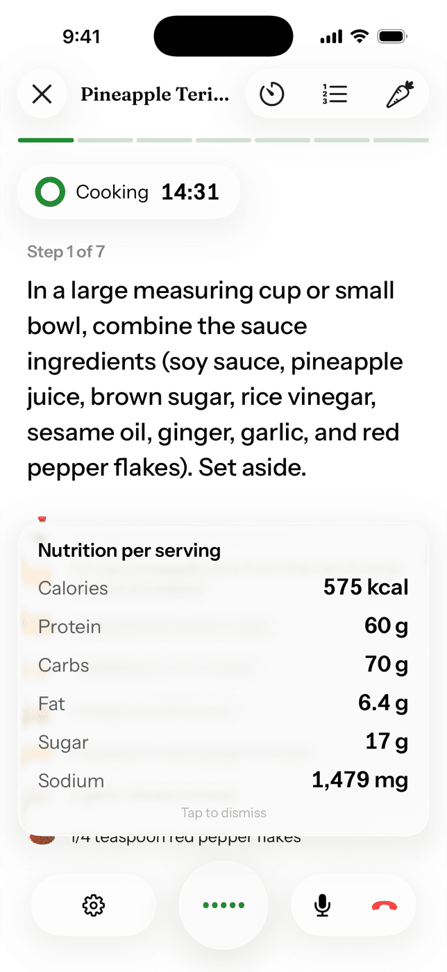 Cado cook mode showing a per-serving nutrition card over the recipe