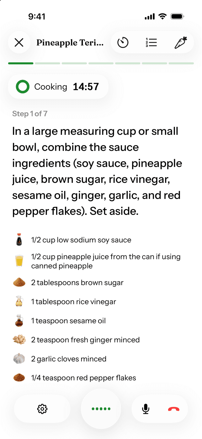Cado cook mode with a voice-set 15-minute timer running above the current step